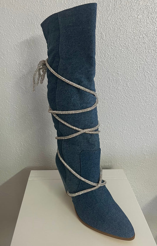 Rhinestone Knee High Boots